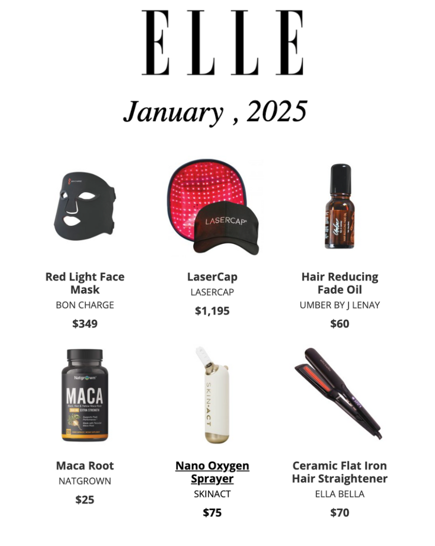 Elle Magazine Product Features of January 2025 showing Hair Reducing Fade Oil